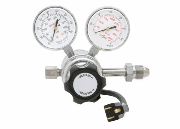 The Harris 3100220 - HP715-100SCFH-320 120V Flowgauge Regulator features two circular pressure gauges (psi/kPa), a black knob labeled “Increase/Decrease,” and a hose with attached electrical plug.