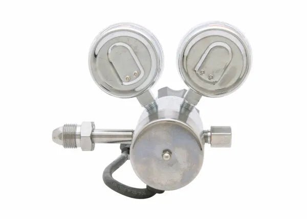The Harris 3100220 - HP715-100SCFH-320 120 volt Flowgauge Regulator is a silver, cylindrical CO2 regulator with dual round pressure gauges, each topped with metallic caps, plus a side valve, left-side inlet connector, and black hose.
