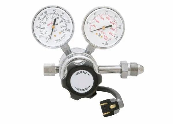 The Harris 3100222 - HP715-100SCFH-580 120 volt Flowgauge Regulator features dual pressure dials, a black adjustment knob with Increase and Decrease, a metal inlet fitting, and a heated design powered by a three-prong plug.