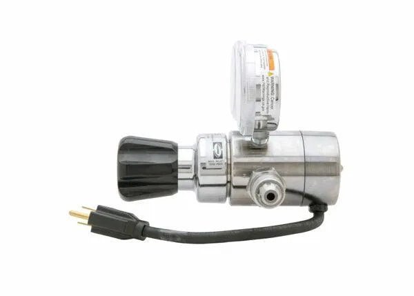 The Harris 3100222 - HP715-100SCFH-580 120 volt Flowgauge Regulator is a silver welding gas regulator with a black knob, pressure gauge, hose port, short two-prong power cord, and sits on a plain white background.