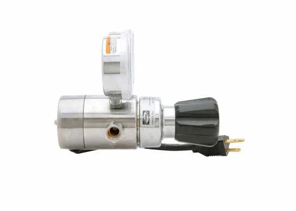 The Harris 3100222 - HP715-100SCFH-580 120 volt Flowgauge Regulator is silver and cylindrical, with a black adjustment knob, clear gauge with orange marking, and a two-prong power cord, shown against a plain white background.