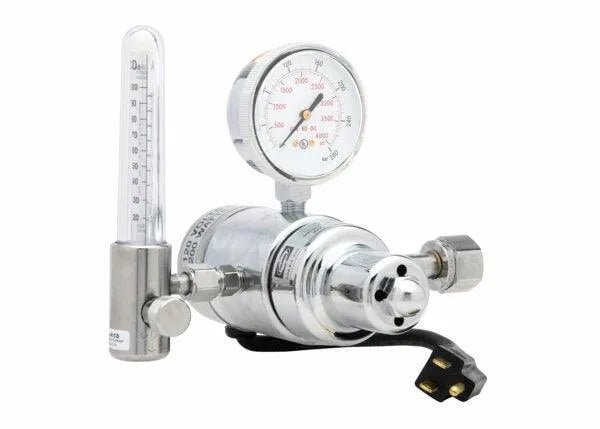 Harris 3100402 HP725-100SCFH-320 Flowmeter Regulator with chrome body, gauge, and cord for precise welding gas control.