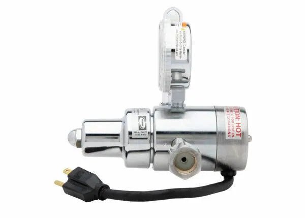 Harris 3100404 HP725-100SCFH-320 Flowmeter Regulator, chrome-plated, for welding, 240V, black cord, top dial, safety label.