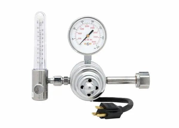 Harris 3100404 HP725-100SCFH-320 welding flowmeter regulator with CO2 flowmeter, gauge, and power cord for WeldingMart tools.