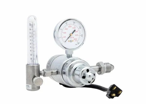 The Harris 3100406 - HP725-100SCFH-580 240 volt Flowmeter Regulator, featuring a pressure gauge, marked flow meter, adjustment knob, cable, and inlet/outlet connectors, is shown on a white background.