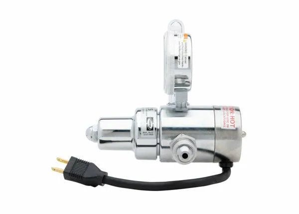 The Harris 3100406 - HP725-100SCFH-580 240V Flowmeter Regulator features a robust cylindrical metallic body, black power cord with two-prong plug, clamp, and warning label—resembling an electrically heated engine-mount regulator.