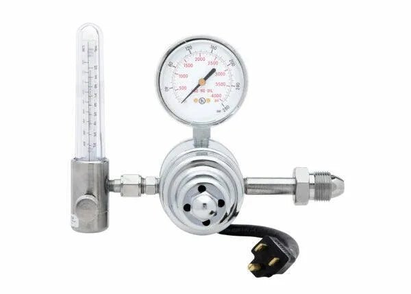 The Harris 3100406 - HP725-100SCFH-580 240 volt Flowmeter Regulator features a metal body with pressure gauge, vertical marked flow meter tube, and a black power cord, all shown on a white background.