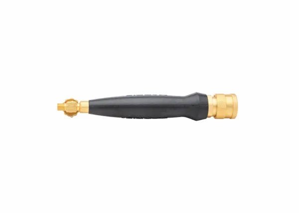 The Harris 1400084 HQA-4 Inferno Air-Fuel A-Hose Quick Connect Torch Handle, featuring a gold-colored end cap and a black ergonomic grip, is displayed horizontally on a white background with the connection end to the left.