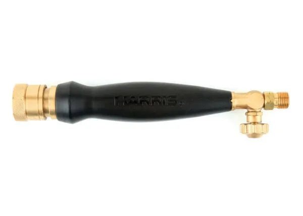 The Harris 1400085 HQB-4 Inferno Air-Fuel B Hose Quick Connect Torch Handle features a black cylindrical grip labeled HARRIS, brass fittings, and a round control valve for easy connection to welding or cutting gear.