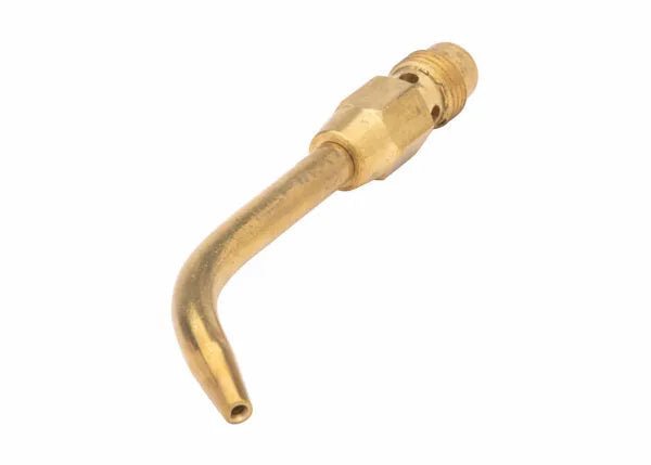 Harris HS-1 Inferno Swirl Heating Tip 1601020, brass air-fuel torch nozzle for welding, curved, threaded, on white background.