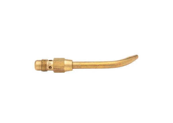Harris Model HS-1 Inferno Swirl Heating Tip 1601020 – brass air-fuel welding torch tip with curved nozzle and threaded connector.