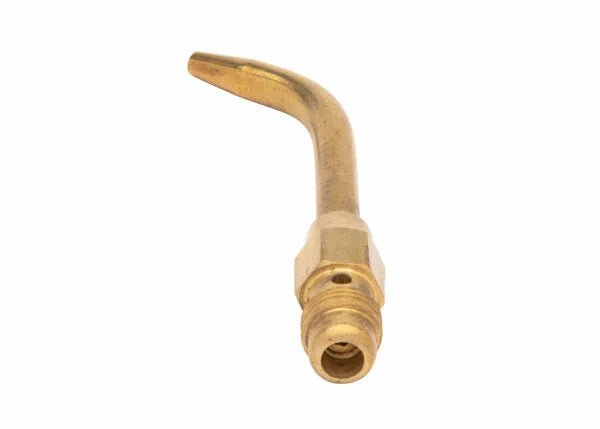 Harris HS-1 Inferno Swirl Heating Tip for welding, brass air-fuel tip with bent nozzle and thread base on white background.