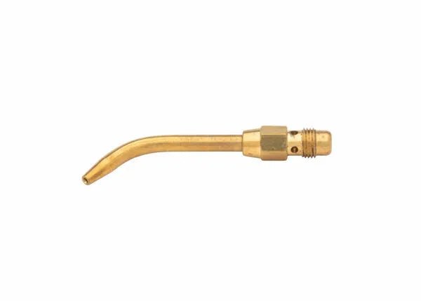 Harris HS-1 Inferno Swirl Heating Tip 1601020, brass, bent nozzle, threaded end for air-fuel welding, on white background.