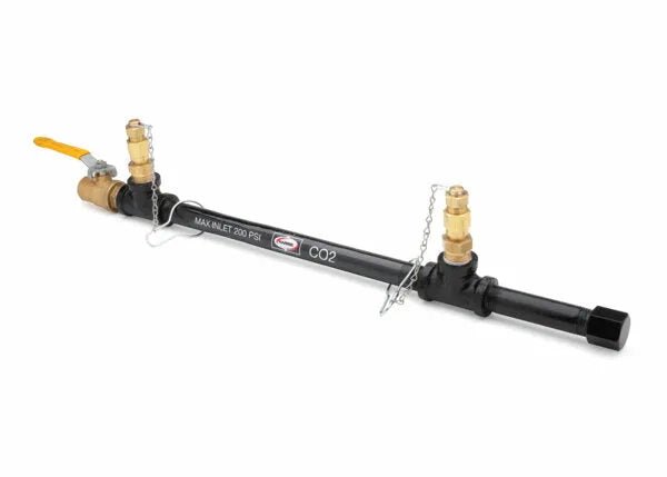 The Harris Model HSD 1/2 Double 5/8-14 RH Inert Gas Station Drop (4300811) is a black OSHA compliant CO2 manifold with brass fittings, end valves, yellow left lever handle, dual valve chains, and white MAX INLET 200 PSI CO2 text.