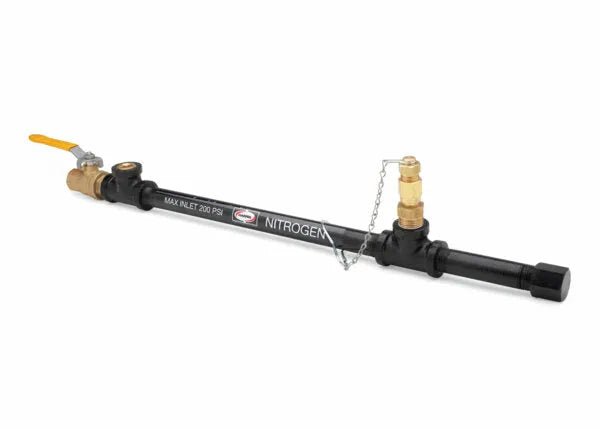 The Harris Model HSD 1/2 Single 5/8 in. - 18 RH Inert Gas/Air Station Drop (4300807) features brass fittings, a yellow valve, threaded ends, capped side port, and “MAX INLET 200 PSI” and “NITROGEN” labels—ideal for pipeline welding or gas stations.