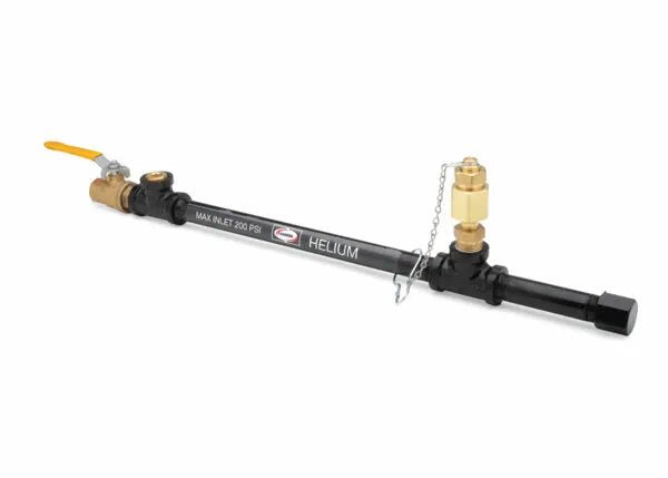 The Harris Model HSD 1/2 Single 7/8-14 RH Inert Gas/Air Station Drop (4300808) features a black metal body, brass fittings, pressure gauge, yellow in-line shut-off valve, and is marked “HELIUM” and “MAX INLET 200 PSI” for precise helium gas control.