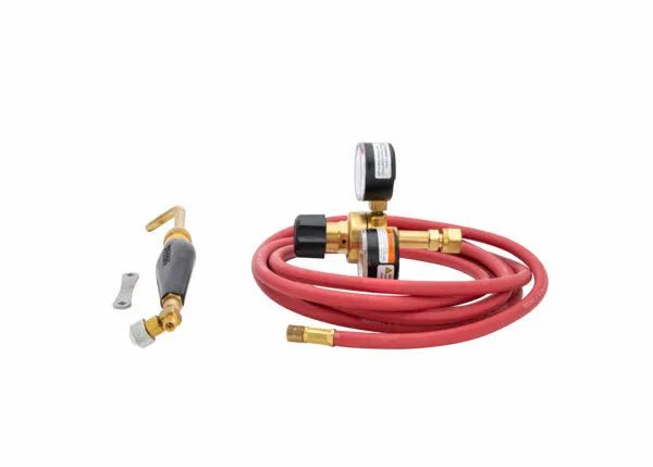 The Harris Model HSF-3 HAS-400 601-15-200A Screw Connect A hose Inferno Kit (4400091) includes a coiled red hose, brass regulator with black knob and gauge, torch handle with Inferno tip nozzle, and two metal wrenches on a white background.