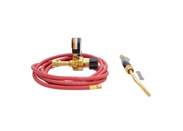 The Harris Model HSF-3 HAS-400 601-15-200A Screw Connect A hose Inferno Kit (4400091) includes a red coiled rubber hose with brass regulator and a handheld brass blow torch with black handle, trigger, and Inferno tip, all on a white background.