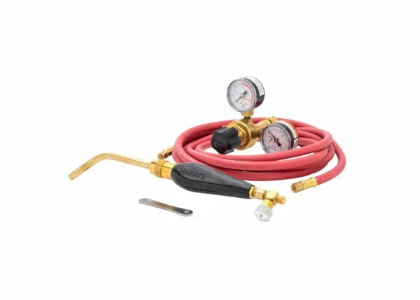 The Harris Model HSF-3 HAS-400 601-15-200A Screw Connect A hose Inferno Kit (4400091) includes a red hose, brass welding torch with Inferno tip, attached regulators, HSF-3 handle, and metal tool on a white background.
