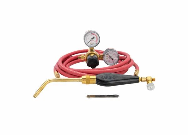 The Harris Model HSF-3 HAS-400 601-15-200A Screw Connect A hose Inferno Kit (4400091) includes red hoses, two gauges, a brass and black Harris torch handle with Inferno tip, and a metal wrench, arranged on a white background.