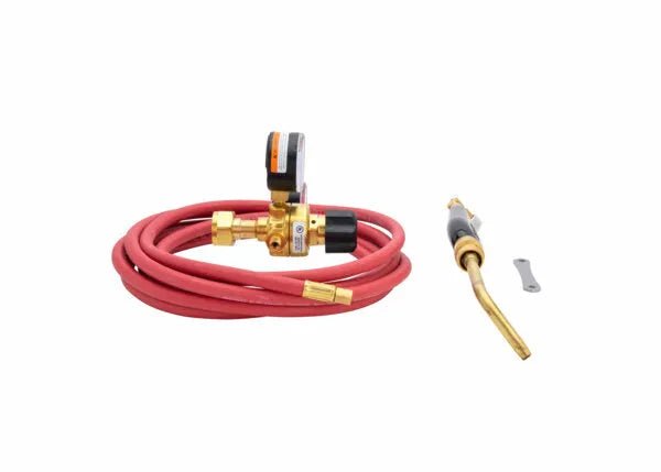 The Harris Model HSF-4 HAS-400 601-15-520A Screw Connect A Hose Inferno Kit (4400092) includes a coiled red hose with brass fittings, black valve/regulator, brass torch handle with swirl combustion nozzle, and a silver wrench.