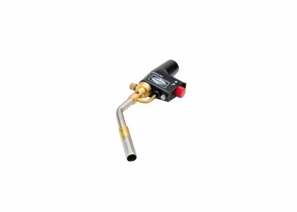 Harris 1400356 HSLT604-HD welding torch with black handle, red ignition button, and curved nozzle for brazing on white background.
