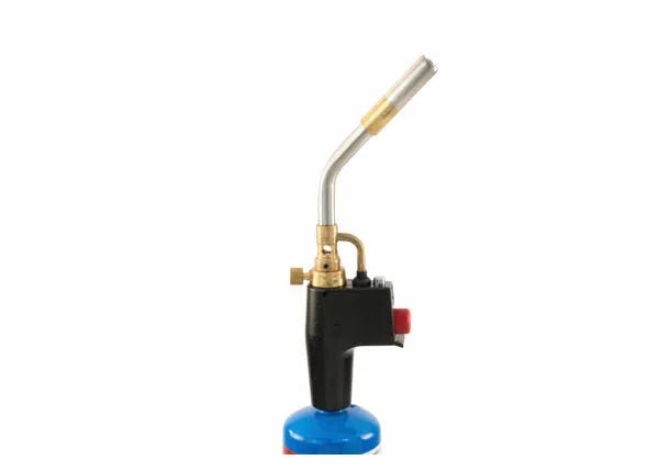Harris 1400356 HSLT604-HD welding torch with blue canister, brass nozzle, black handle, red trigger—ideal for brazing/soldering.