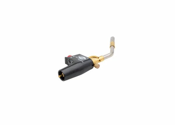 Harris 1400356 HSLT604-HD welding torch, black and brass, curved nozzle, for brazing, soldering; shown on white background.