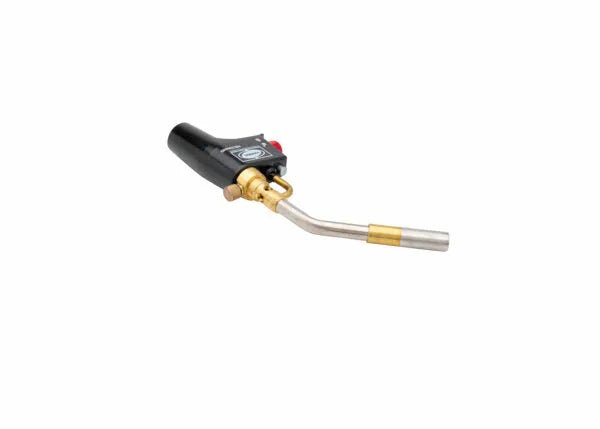 Harris 1400356 HSLT604-HD welding torch with black handle, brass fittings, silver nozzle for brazing, on white background.