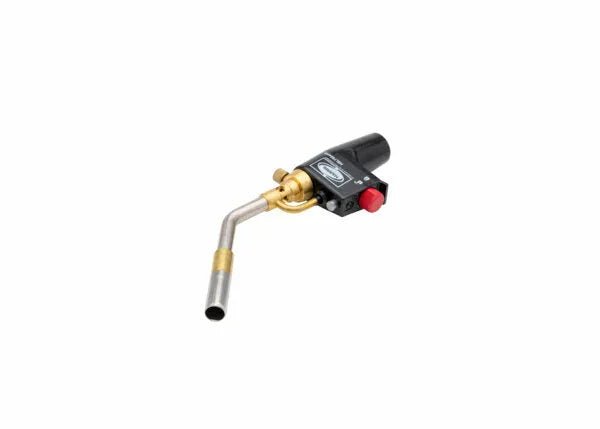 Harris 1400356 HSLT604-HD welding torch with brass nozzle, bent neck, ergonomic handle, and red ignition—welding tool on white.