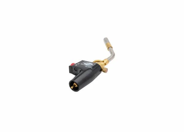 Harris 1400356 HSLT604-HD Self-Lighting Air-Fuel Torch with brass nozzle, curved tip, and black handle for welding and brazing.