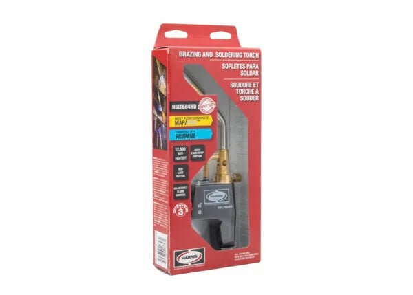 Harris 1400356 HSLT604-HD welding hand torch in red and black box, MAP-Pro/propane compatible, multilingual packaging.