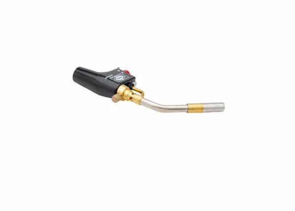 Harris 1400356 HSLT604-HD welding torch—black handle, brass fittings, metal nozzle—for brazing/soldering; on white background.