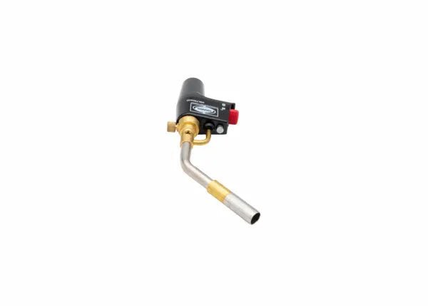 Harris 1400356 HSLT604-HD self-lighting torch for welding, with brass nozzle, bent tube, black handle, red ignition button.