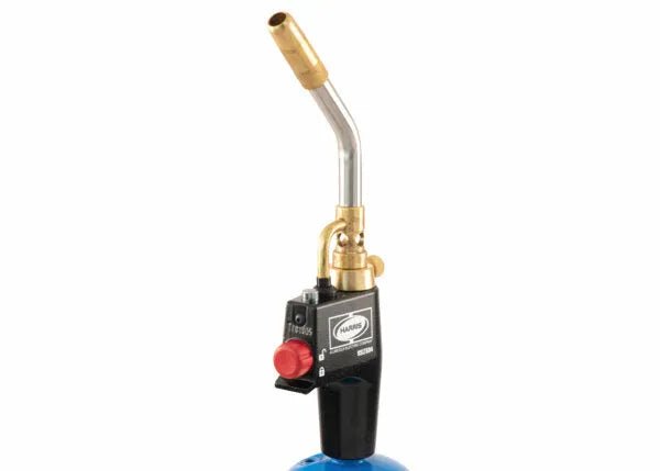 Harris 1400355 HSLT604 Self-Lighting Welding Torch with brass nozzle, silver neck, black handle; ideal welding tool for brazing.