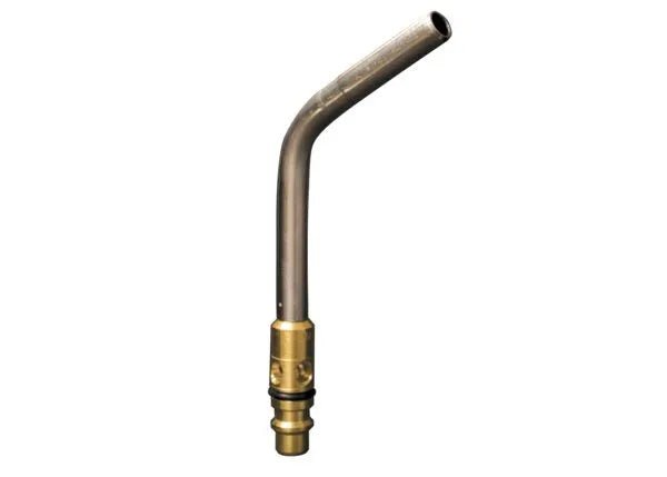 Harris HT-3i Inferno Quick Connect Swirl Heating Tip for welding torches, brass base, black O-rings, angled nozzle, white background.