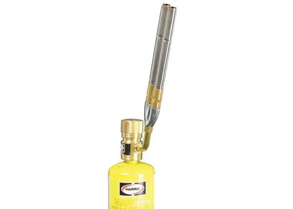 Harris 1400353 HTM11 Dual Flame Air-Fuel Hand Torch with yellow canister, metal nozzle for welding, brazing, soldering tasks.