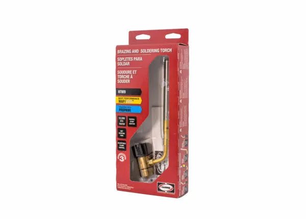 Harris 1400357 HTM9 Welding Hand Torch in brass and black with adjustable flame, in trilingual red box for air-fuel applications.