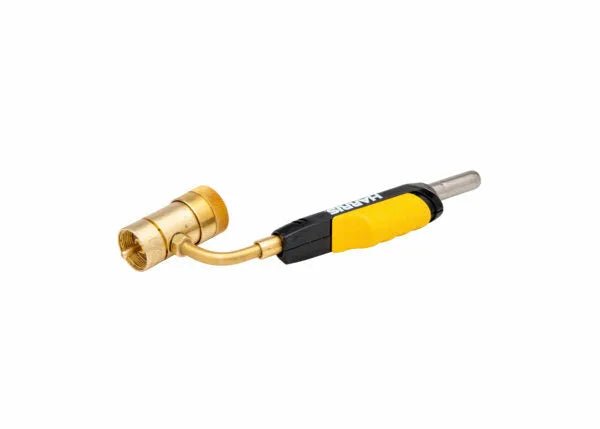 Harris 1400359 HTS99 Auto-Ignite Swivel Hand Torch for welding, brazing, and soldering; brass head, black-yellow handle, on white.
