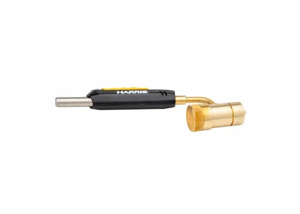 Harris 1400359 HTS99 Auto-Ignite Hand Torch with black handle, brass nozzle—welding tool for brazing, soldering on white background.