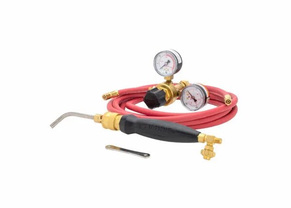 The Harris Model Hx-5MC HQA-4 601-200 Quick Connect A-Hose Inferno Kit (4400087) includes a black handle welding torch with brass tip, Inferno quick connect fittings, dual gauges, two coiled red acetylene hoses, and a flat tool on a white background.