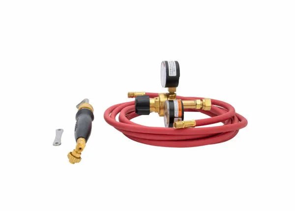 The Harris Model Hx-5MC HQA-4 601-200 Quick Connect A-Hose Inferno Kit (4400087) features a coiled red acetylene hose with brass fittings, a dual-gauge regulator, torch handle, silver wrench, and quick connect kit on a white background.