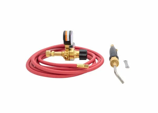 The Harris Model Hx-5MC HQA-4 601-200 Quick Connect A-Hose Inferno Kit (4400087) includes a coiled red acetylene hose, brass gas regulator with gauge and black knob, a curved blow torch for brazing/soldering, and a small metal tool.
