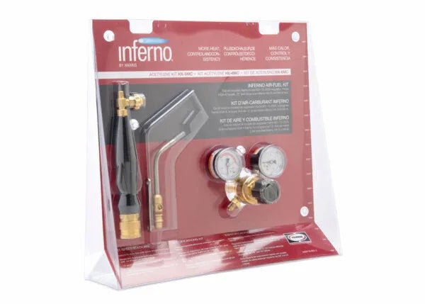 The Harris Model Hx-5MC HQA-4 601-200 Quick Connect A-Hose Inferno Kit (4400087) comes in a clear package with a black/brass torch handle, metallic nozzle, two red-base gauges, acetylene hose—great for brazing and soldering—on a red/white display.