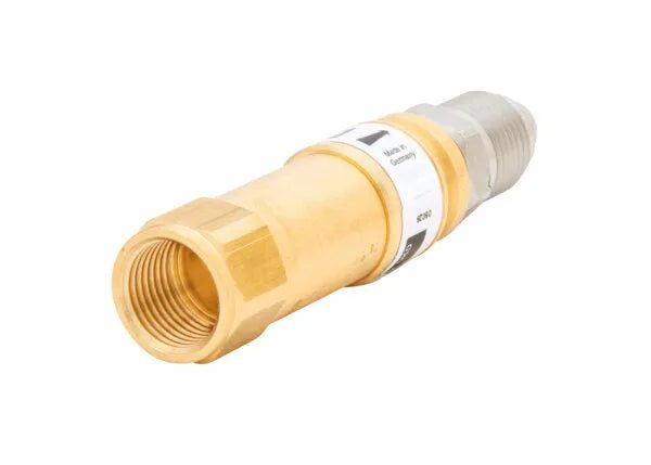 The Harris Model IQC F-M Hose-to-Machine Type Quick Connector (4301614) is a brass hydraulic check valve with threaded male and female ends, featuring a cylindrical body with a white label, shown on a plain white background.