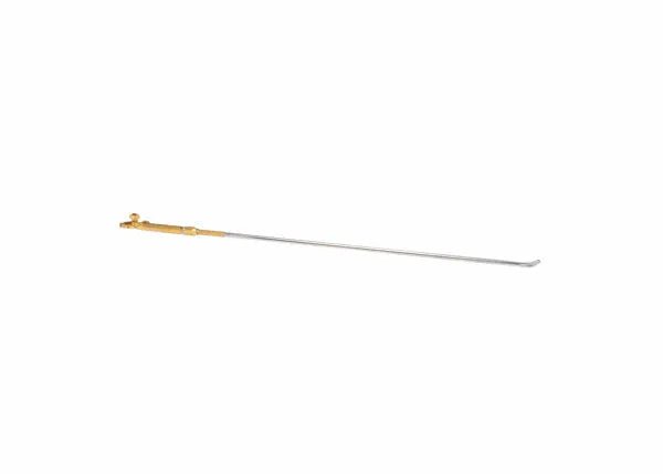 The Harris Model K-43-1 36 in. Tip Tube Heating Torch Assembly (1801350) features a narrow silver shaft, gold-colored handle with control valve, and angled nozzle—ideal for welding, cutting, or alternate fuel use in metalworking. White background.