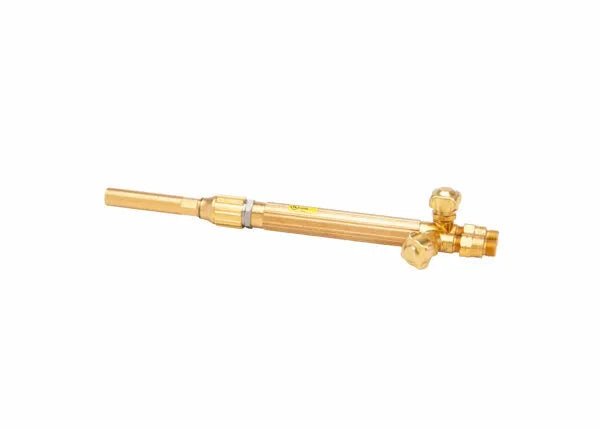 The Harris 1801360 K-43-2 with 26 in. Tip Tube Heating Torch Assembly features a brass handle with two adjustment knobs, a cylindrical body, and detailed fittings for hoses, torch tips, and alternate fuels. Shown against a white background.