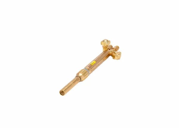 The Harris 1801360 K-43-2 with 26 in. Tip Tube Heating Torch Assembly features two control valves, adjustment knobs, a yellow label on the handle, and is compatible with high-performance heating tips. Shown on a white background.