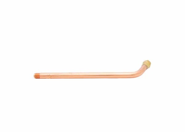 A copper pipe with a slight bend on one end and a brass fitting, compatible with Harris Model T-43 tip tube, attached to the curved end, isolated on a white background.
