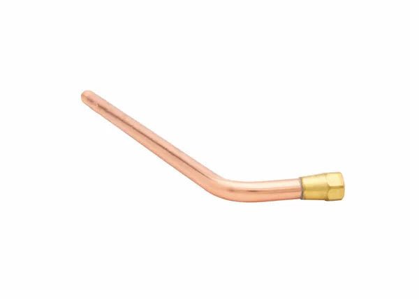 A brass tip tube with a 45-degree bend and a Harris Model T-43 tip tube fitting on one end, set against a white background.